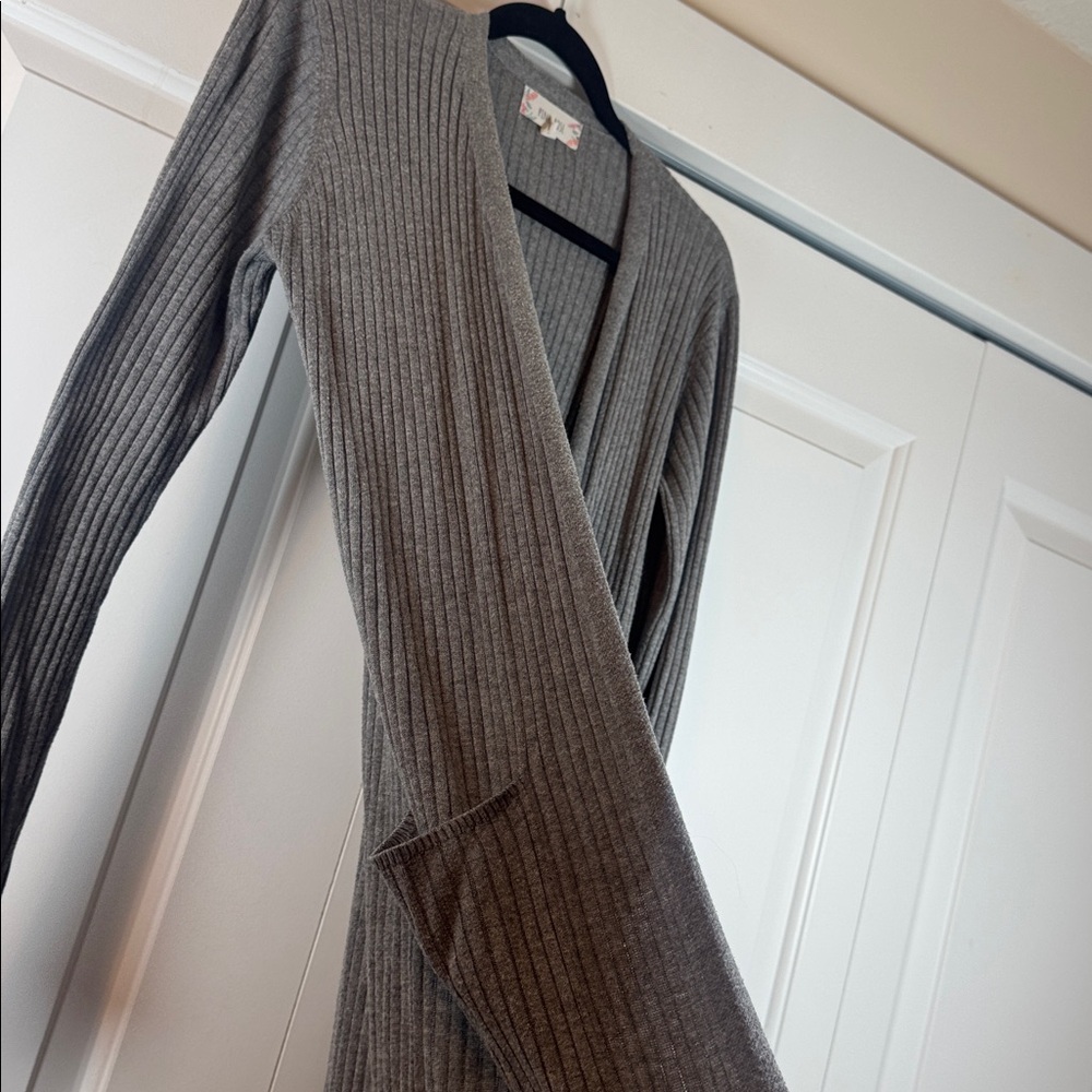 Pink Rose Gray Ribbed Long Cardigan - Picture 2 of 3